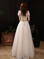 Champagne Sweetheart Tulle Long Prom Dress, Champagne Evening Dress