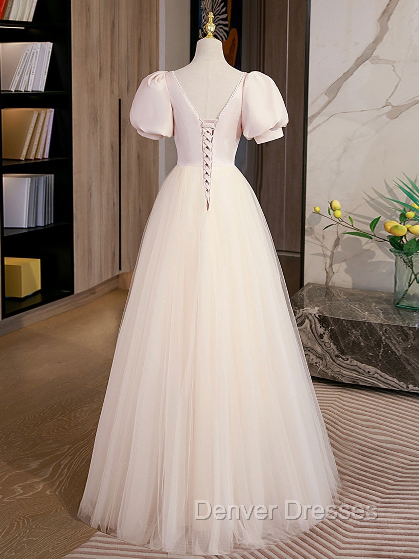 Champagne Tulle A Line Long Prom Dress, Champagne Formal Graduation Dress