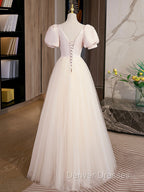 Champagne Tulle A Line Long Prom Dress, Champagne Formal Graduation Dress