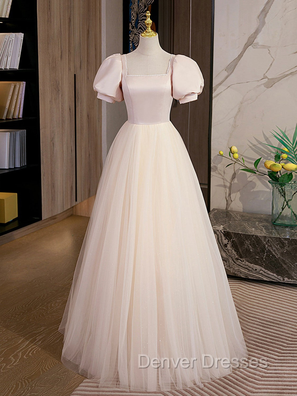 Champagne Tulle A Line Long Prom Dress, Champagne Formal Graduation Dress Main image