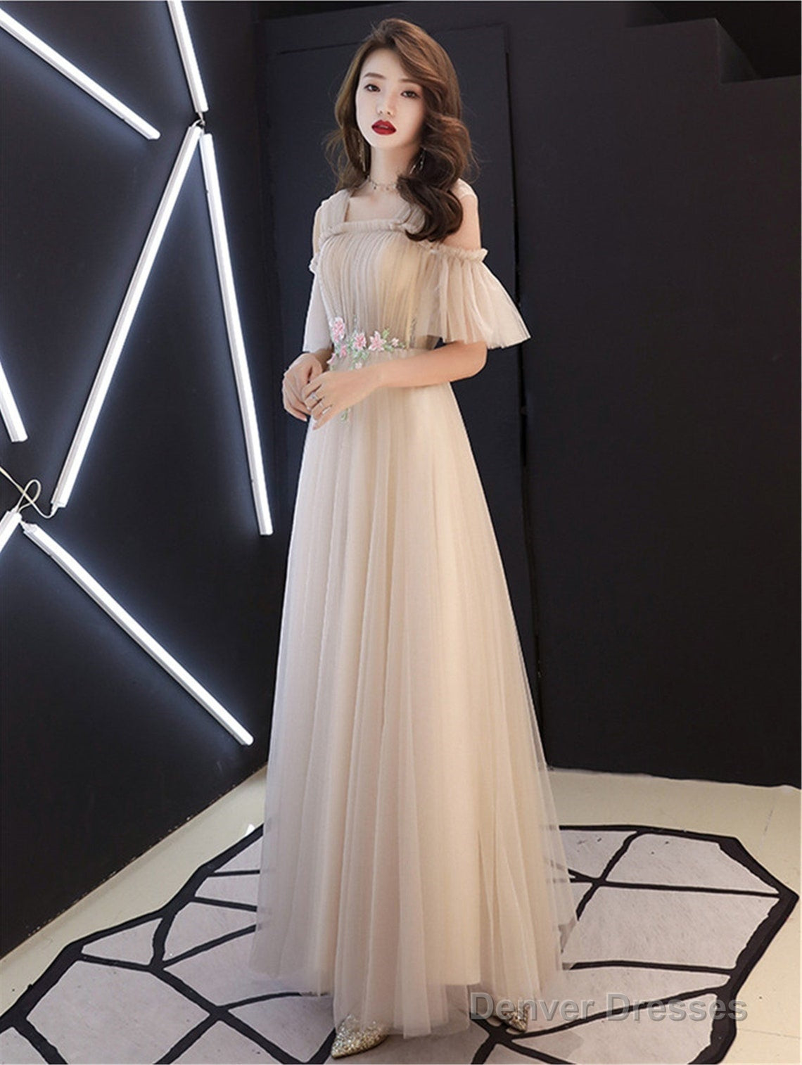 Champagne Tulle A-Line Off Shoulder Formal Dress With Flowers, Simple Prom Dresses Party Dress Secondary image