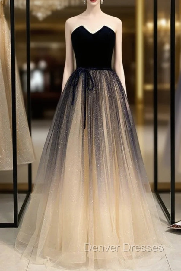 Champagne Tulle And Navy Blue Velvet Strapless Prom Dress