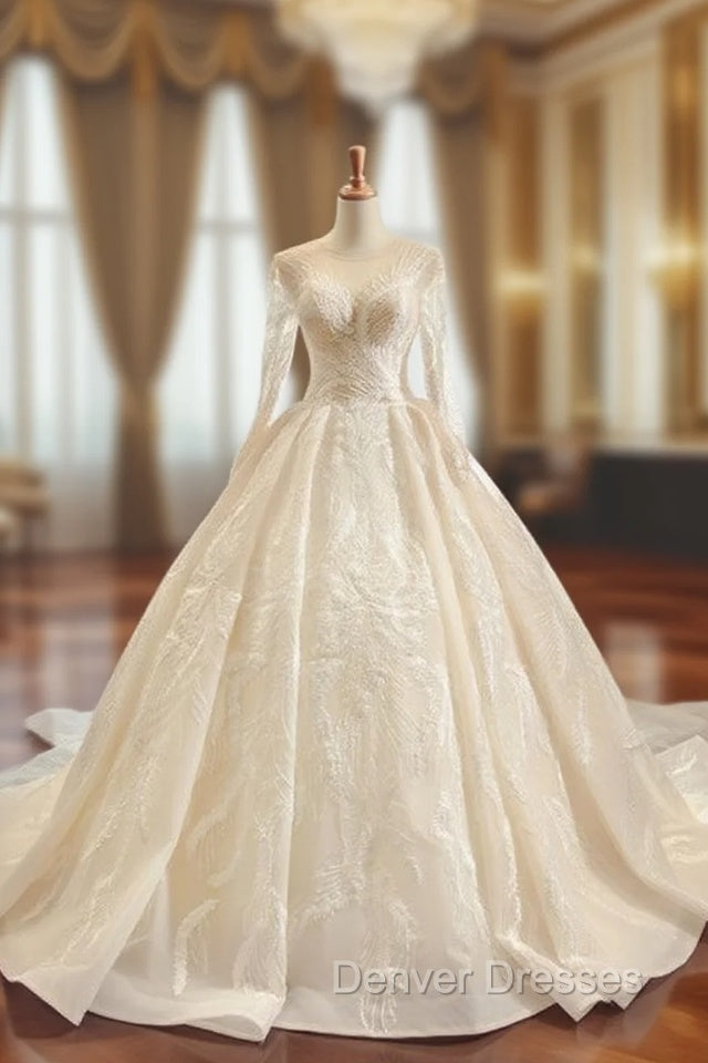 Champagne Tulle Appliques Long Sleeve Luxury Wedding Dress