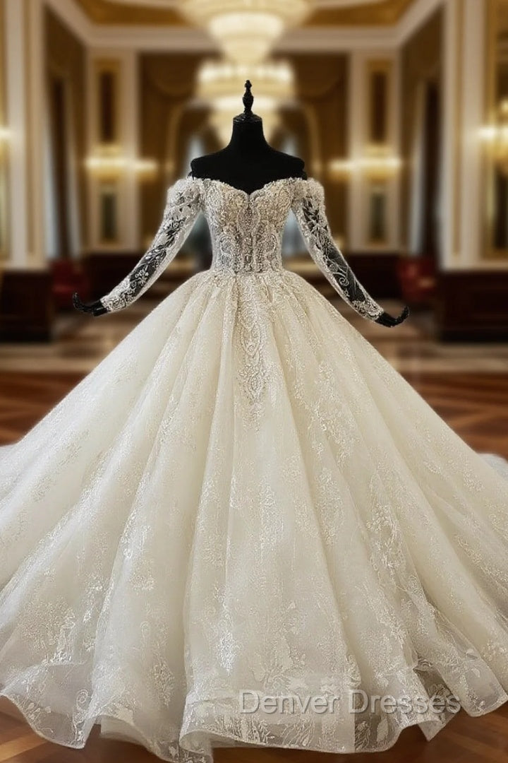 Champagne Tulle Appliques Off the Shoulder Long Sleeve Wedding Dress