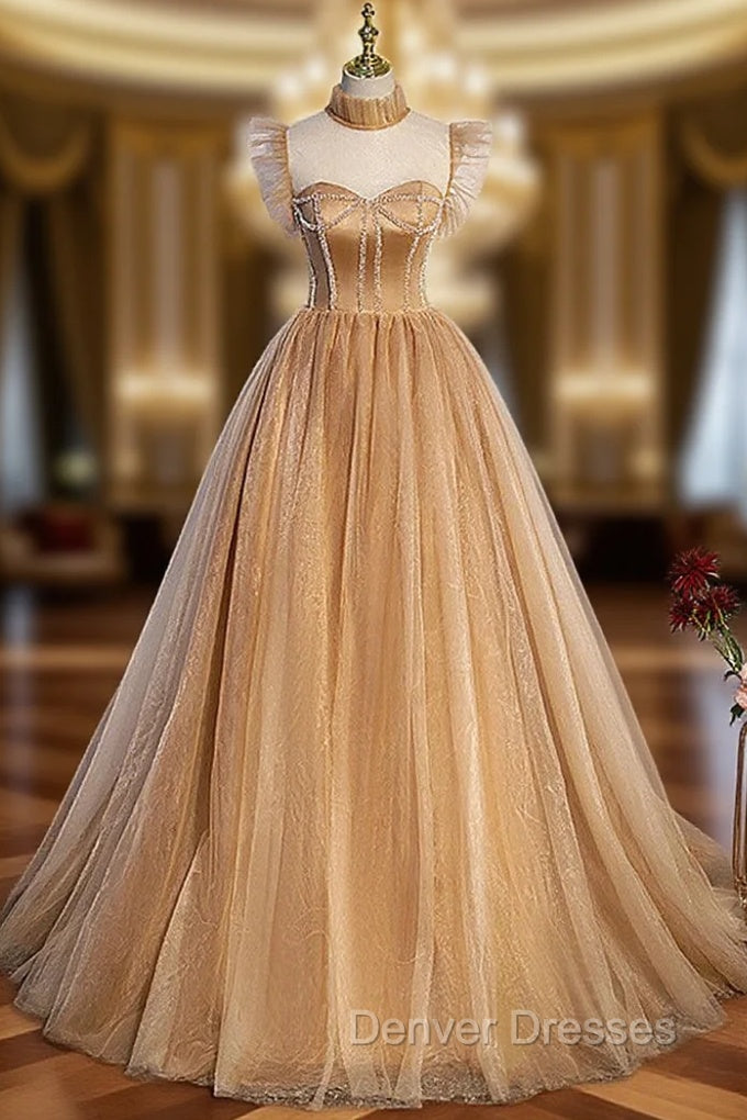 Champagne Tulle Beaded Long Sweet 16 Formal Dress, Champagne Party Dress