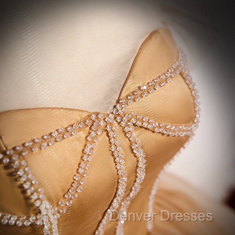 Champagne Tulle Beaded Long Sweet 16 Formal Dress, Champagne Party Dress