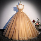 Champagne Tulle Beaded Long Sweet 16 Formal Dress, Champagne Party Dress