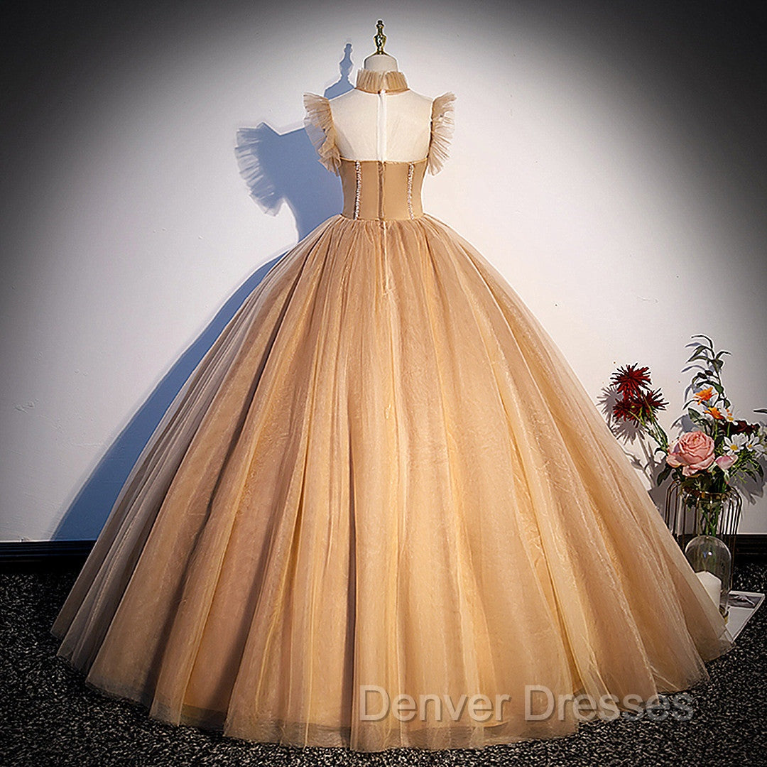 Champagne Tulle Beaded Long Sweet 16 Formal Dress, Champagne Party Dress