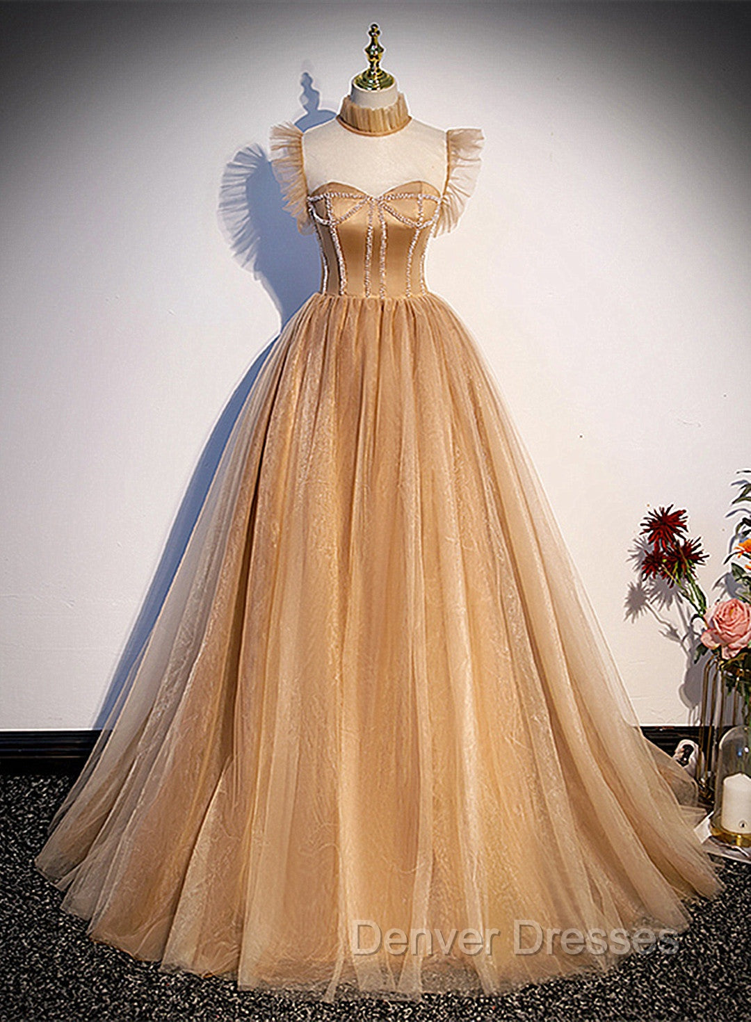 Champagne Tulle Beaded Long Sweet 16 Formal Dress, Champagne Party Dress