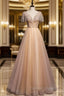 Champagne Tulle Beading V-neck Prom Dress