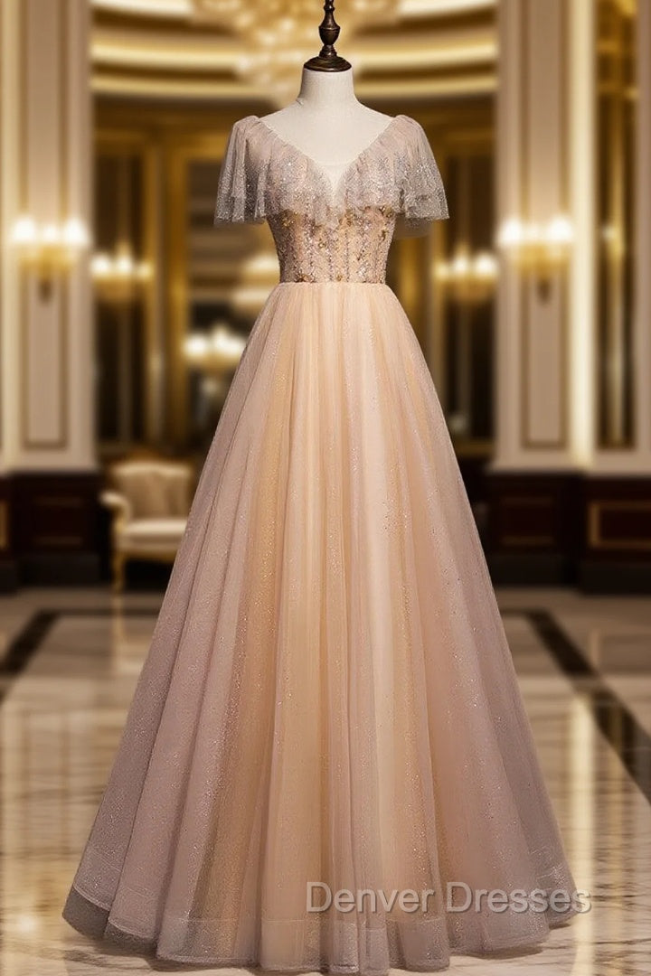 Champagne Tulle Beading V-neck Prom Dress Main image