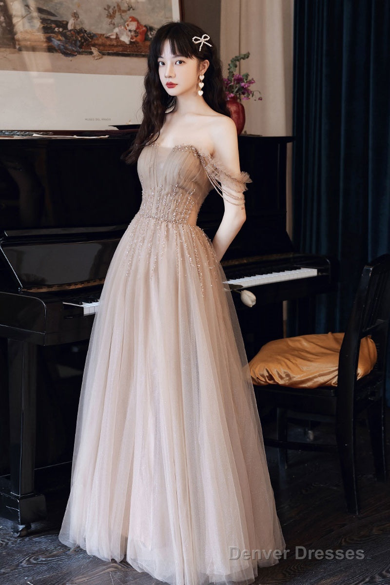 Champagne Tulle Beads Long Prom Dress, Champagne Evening Dress Main image