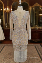 Champagne Tulle Beads Mermaid Short Prom Dress, Champagne Evening Dress