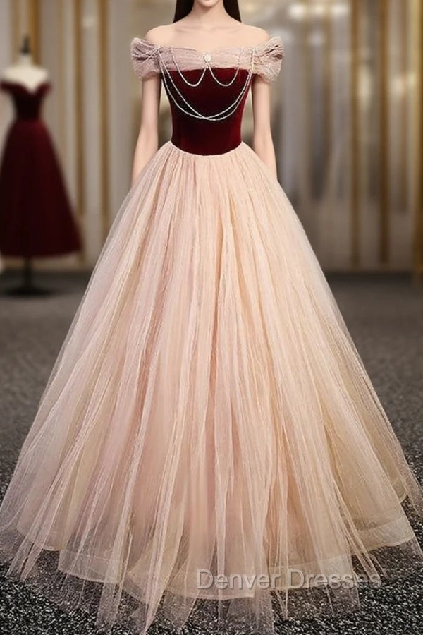 Champagne Tulle Burgundy Velvet Off the Shoulder Prom Dress