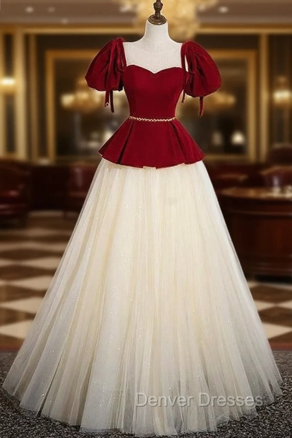 Champagne Tulle Burgundy Velvet Puff Sleeve Beading Prom Dress Main image