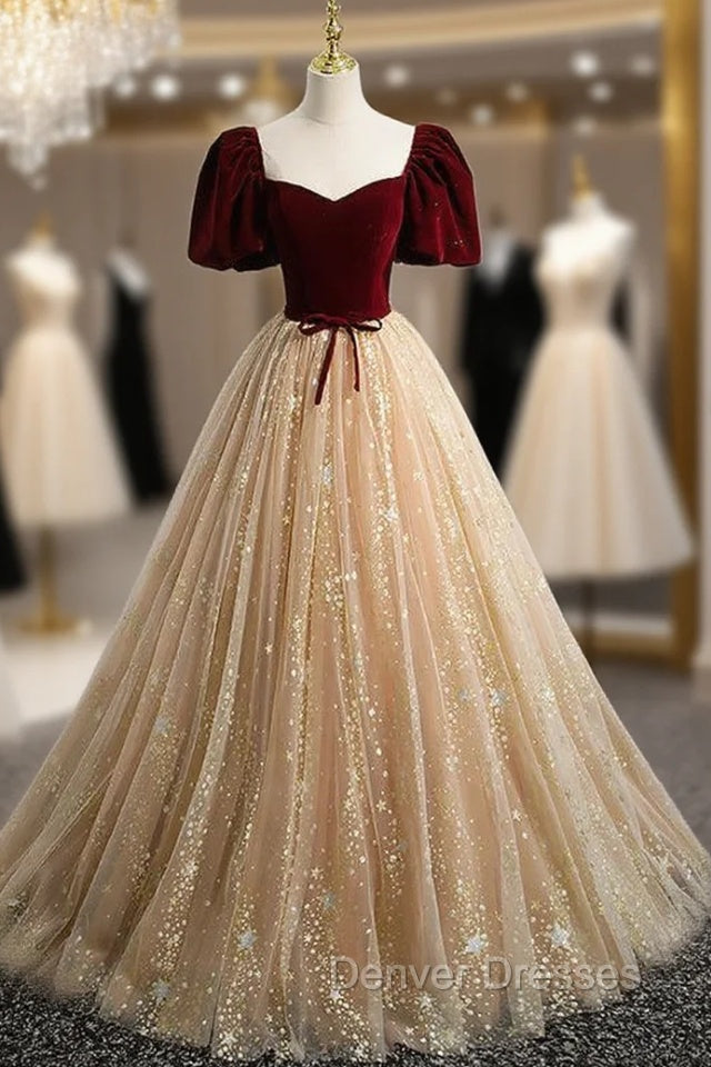 Champagne Tulle Burgundy Velvet Puff Sleeve Prom Dress Main image