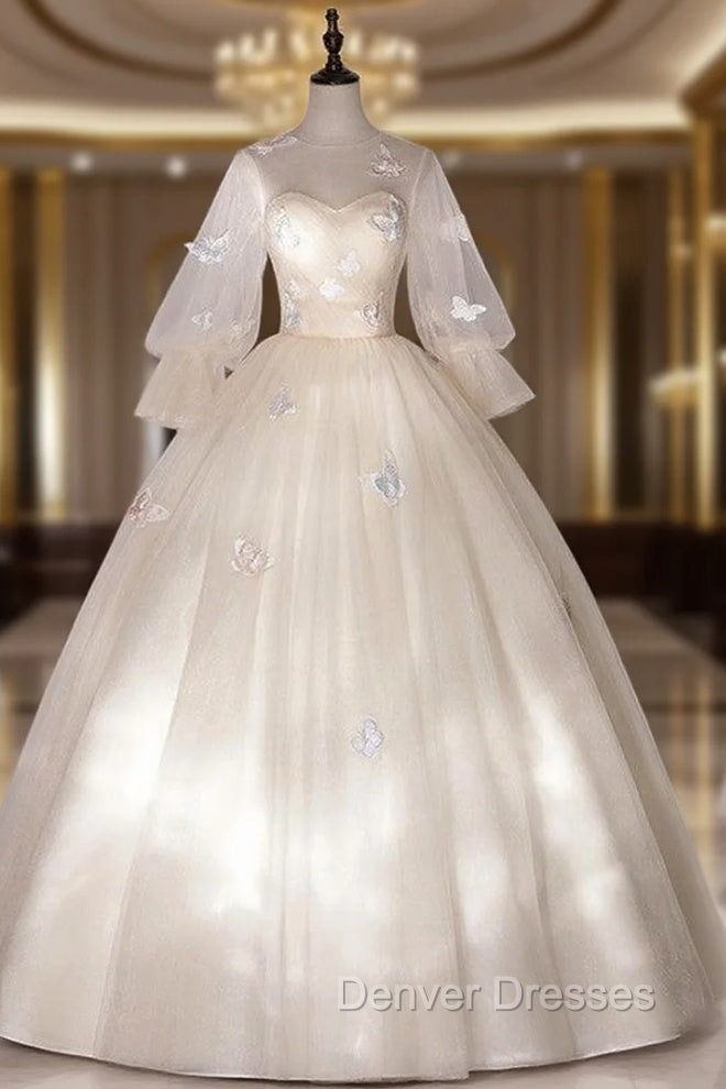 Champagne Tulle Butterfly Appliques Bell Sleeve Quinceanera Dress