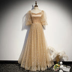 Champagne Tulle Chich Long Puffy Sleeves Party Dress Formal Dress, A-line Tulle Prom Dress