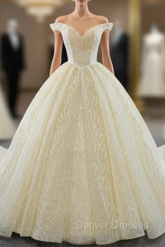 Champagne Tulle Embroidery Off the Shoulder Wedding Dress