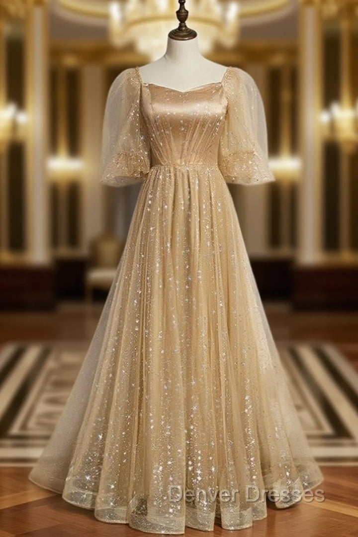 Champagne Tulle Embroidery Puff Sleeve Prom Dress Main image