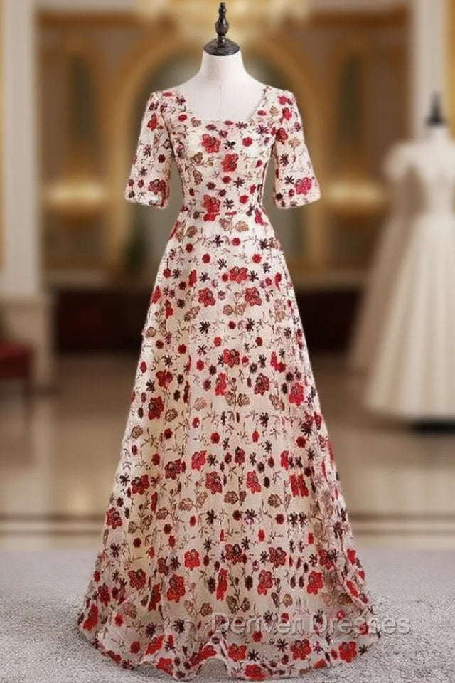 Champagne Tulle Embroidery Square Short Sleeve Prom Dress Main image