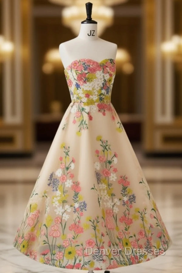 Champagne Tulle Embroidery Strapless Tea Length Prom Dress