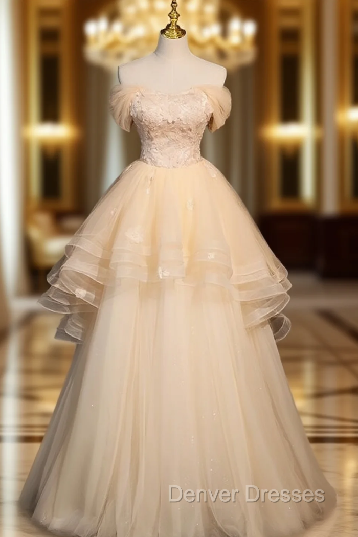 Champagne Tulle Flower Beading Off the Shoulder Prom Dress Main image