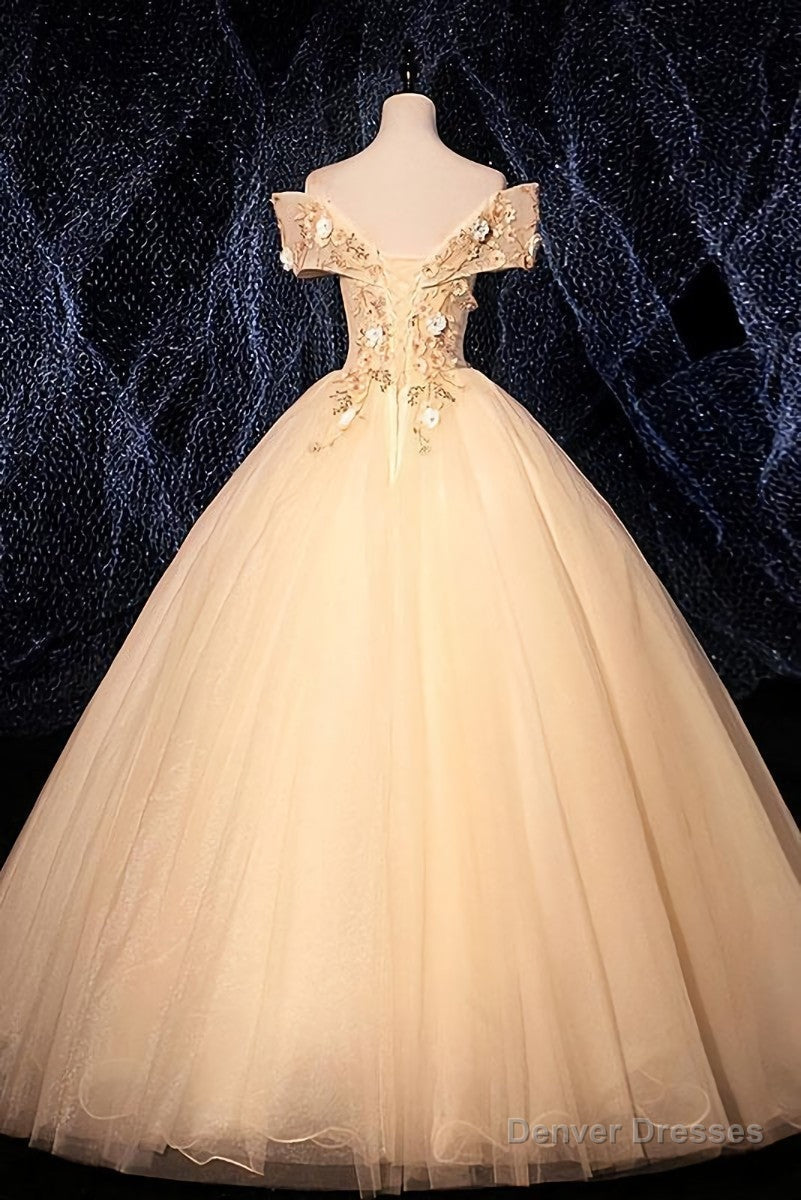 Champagne Tulle Flowers  Off Shoulder Sweet 16 Party Dress, Long Prom Dress, Formal Gown Main image