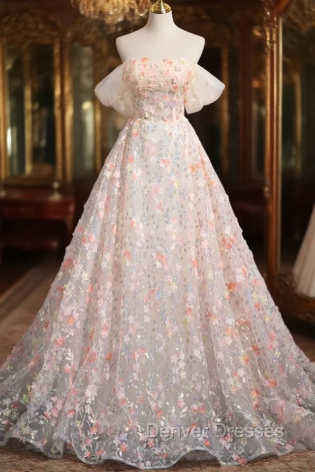 Champagne Tulle Flowers Sequins Off the Shoulder Prom Dress Main image
