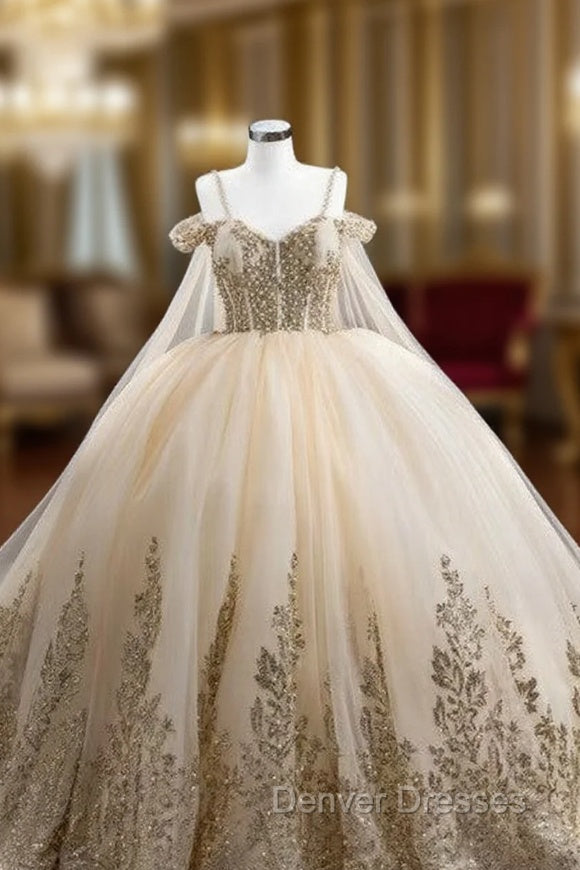 Champagne Tulle Gold Sequins Appliques Spaghetti Straps Pearls Prom Dress Main image