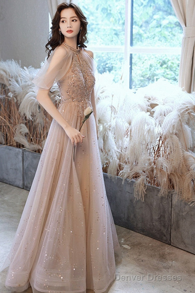Champagne Tulle Haler Beaded Shiny Long Party Dress, A-Line Prom Dress Evening Dress
