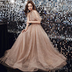 Champagne Tulle Haler Beaded Shiny Long Party Dress, A-Line Prom Dress Evening Dress