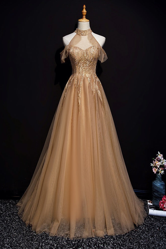 Champagne Tulle Halter Long Party Dress, A-Line Formal Gown Secondary image