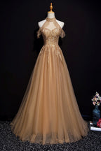 Champagne Tulle Halter Long Party Dress, A-Line Formal Gown