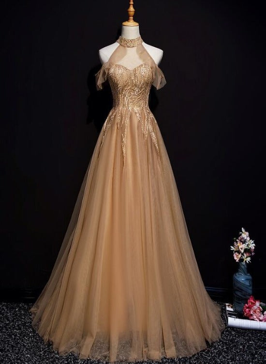 Champagne Tulle Halter Long Party Dress, A-Line Formal Gown Main image