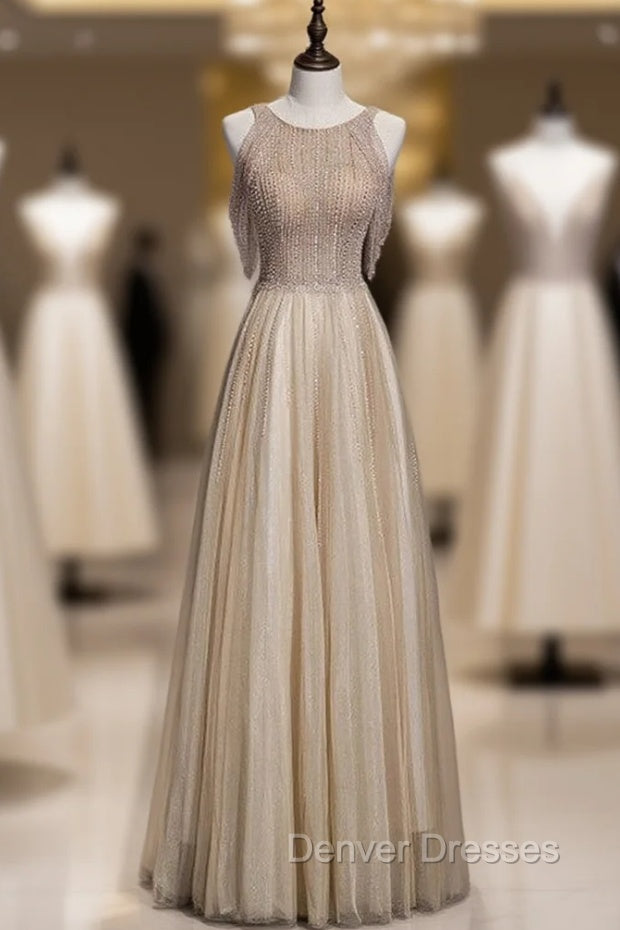 Champagne Tulle Hand Work Beading Long Prom Dress Main image