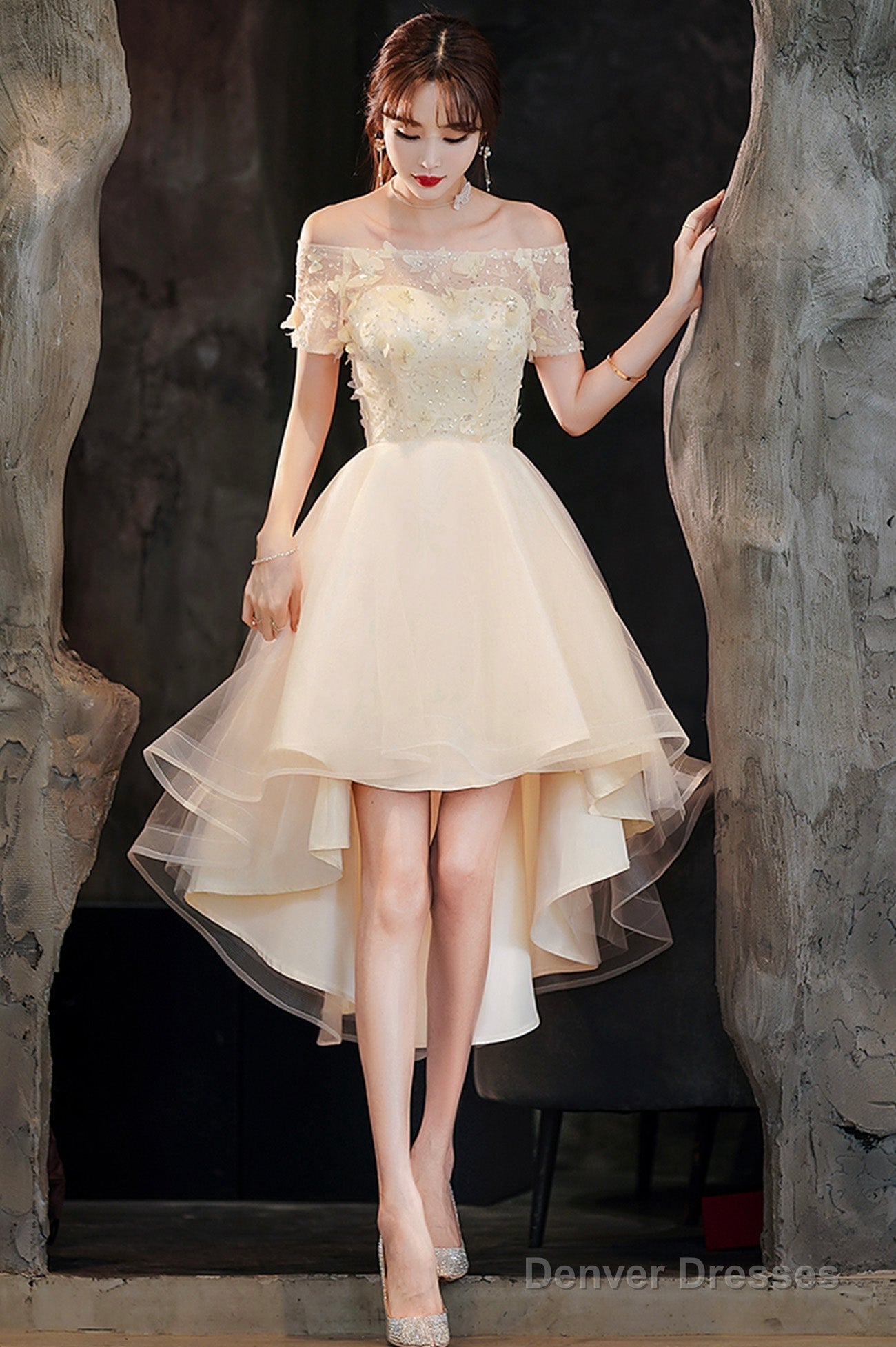 Champagne Tulle High Low Prom Dresses, A-Line Party Dresses Main image