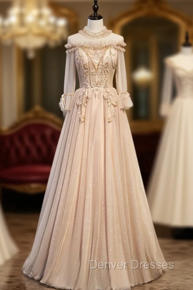 Champagne Tulle High Neck Long Sleeve Beading Prom Dress Main image