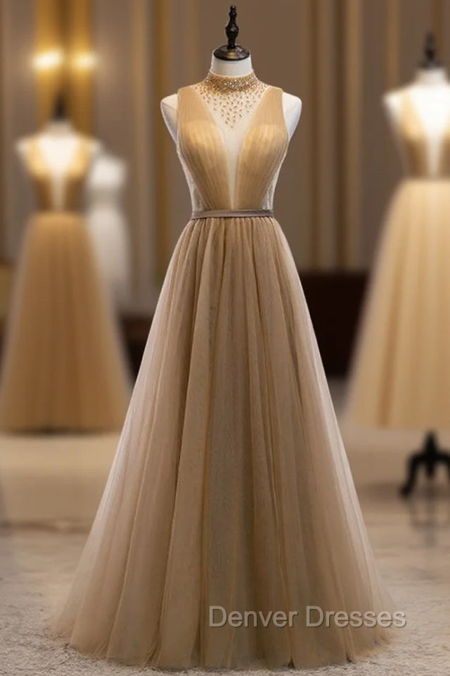 Champagne Tulle High Neck Pleats Beading Backless Long Prom Dress Main image