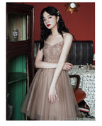 Champagne Tulle Knee Length Beaded Sweetheart Prom Dress, Short Homecoming Dress Party Dress