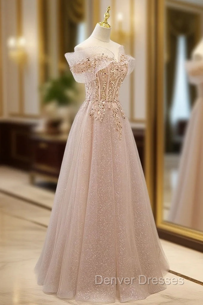Champagne Tulle Lace A line Long Prom Dress, Lace Champagne Evening Dress Main image
