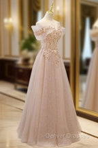 Champagne Tulle Lace A line Long Prom Dress, Lace Champagne Evening Dress