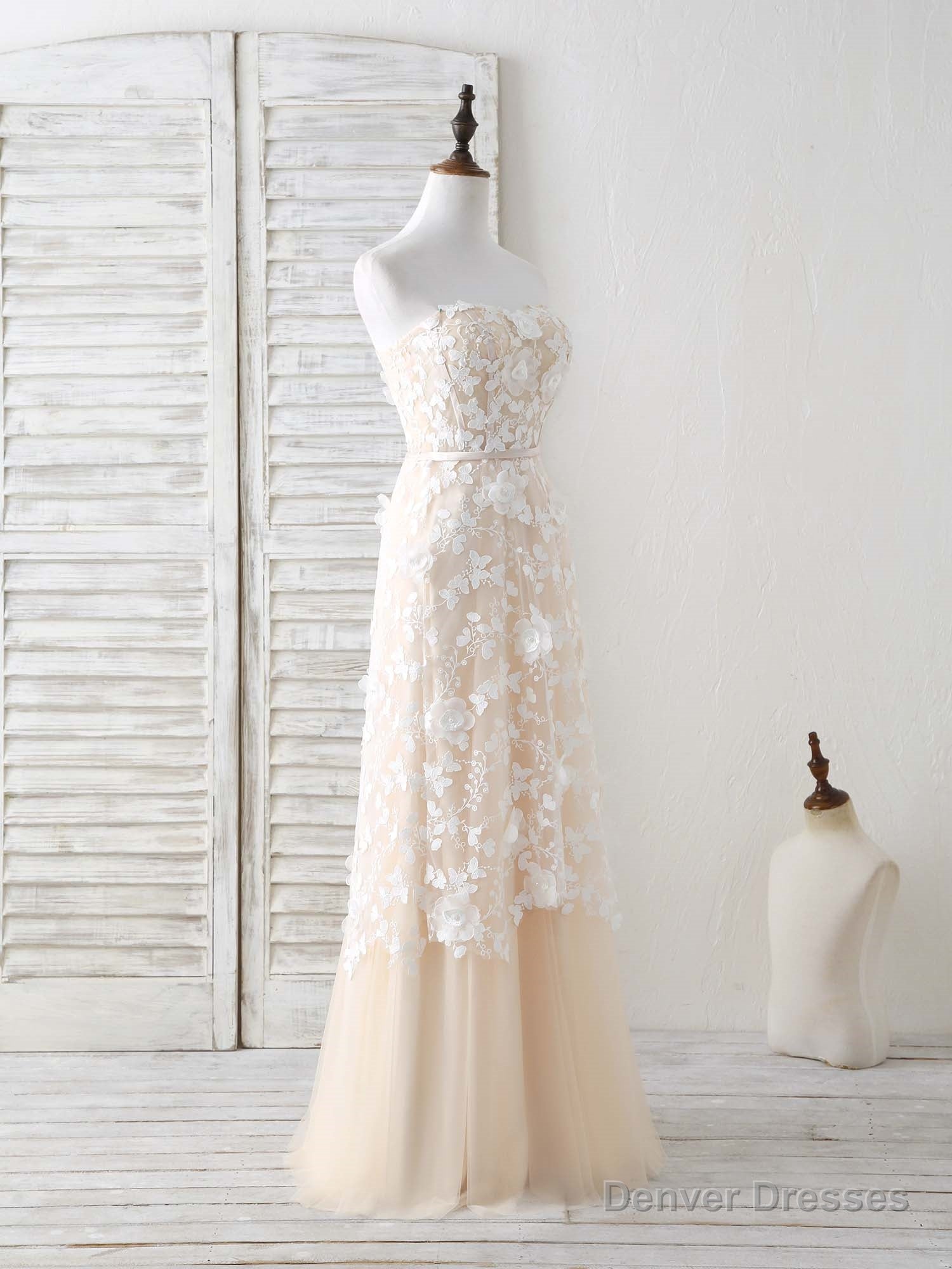 Champagne Tulle Lace Applique Long Prom Dress Champagne Evening Dress Main image