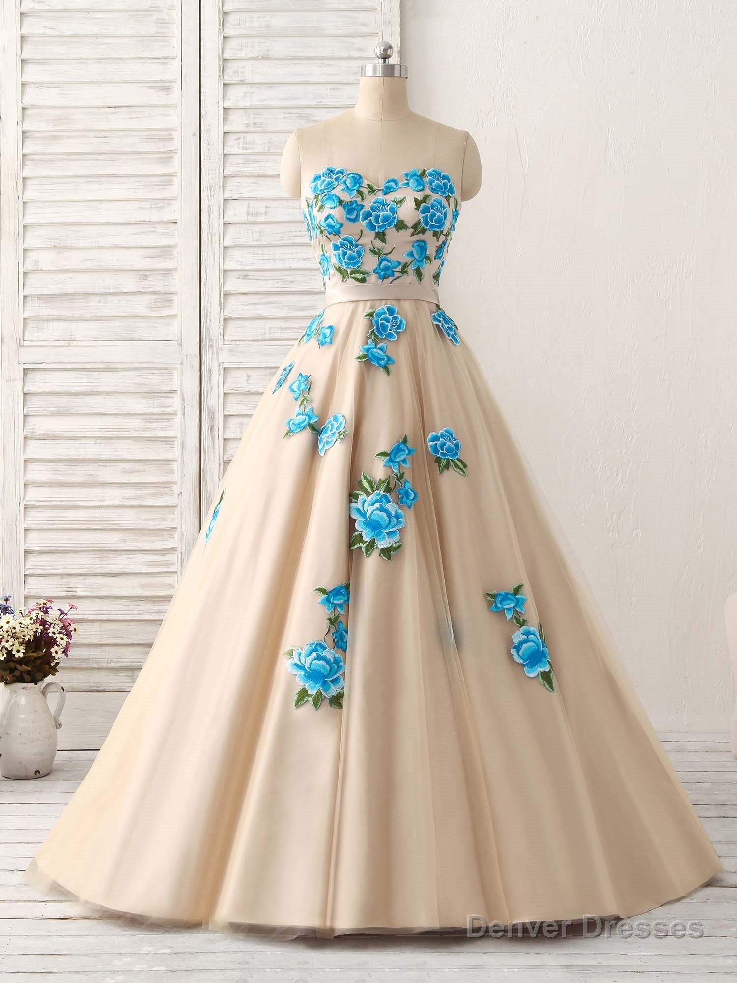 Champagne Tulle Lace Applique Long Prom Dress, Champagne Evening Dress Main image