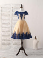 Champagne Tulle Lace Applique Short Prom Dress, Bridesmaid Dress