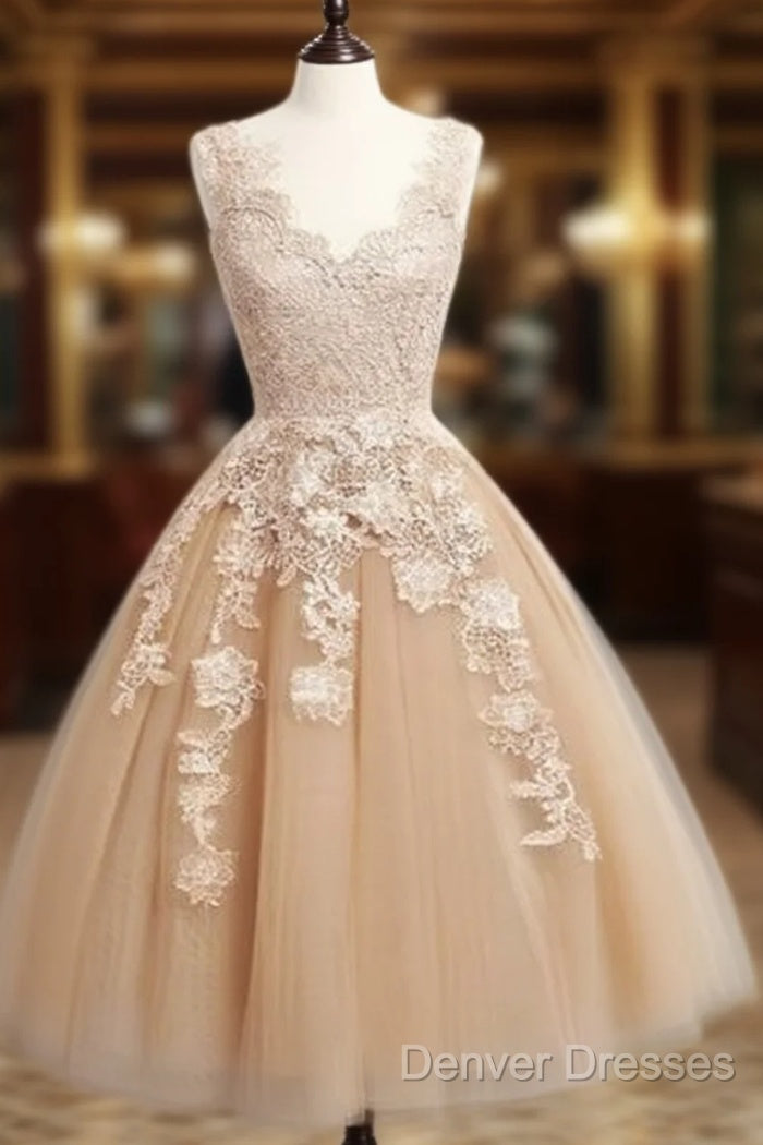 Champagne Tulle Lace Applique Short Prom Dress, Homecoming Dress Main image