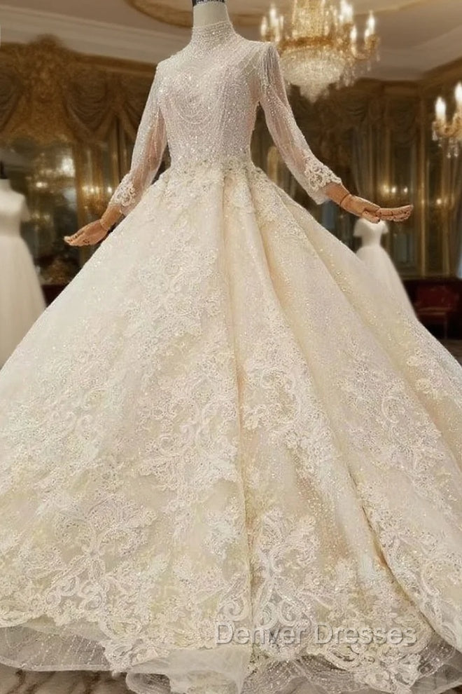 Champagne Tulle Lace Appliques High Neck Long Sleeve Beading Luxury Wedding Dress