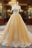Champagne Tulle Lace Appliques Short Sleeve Backless Wedding Dress