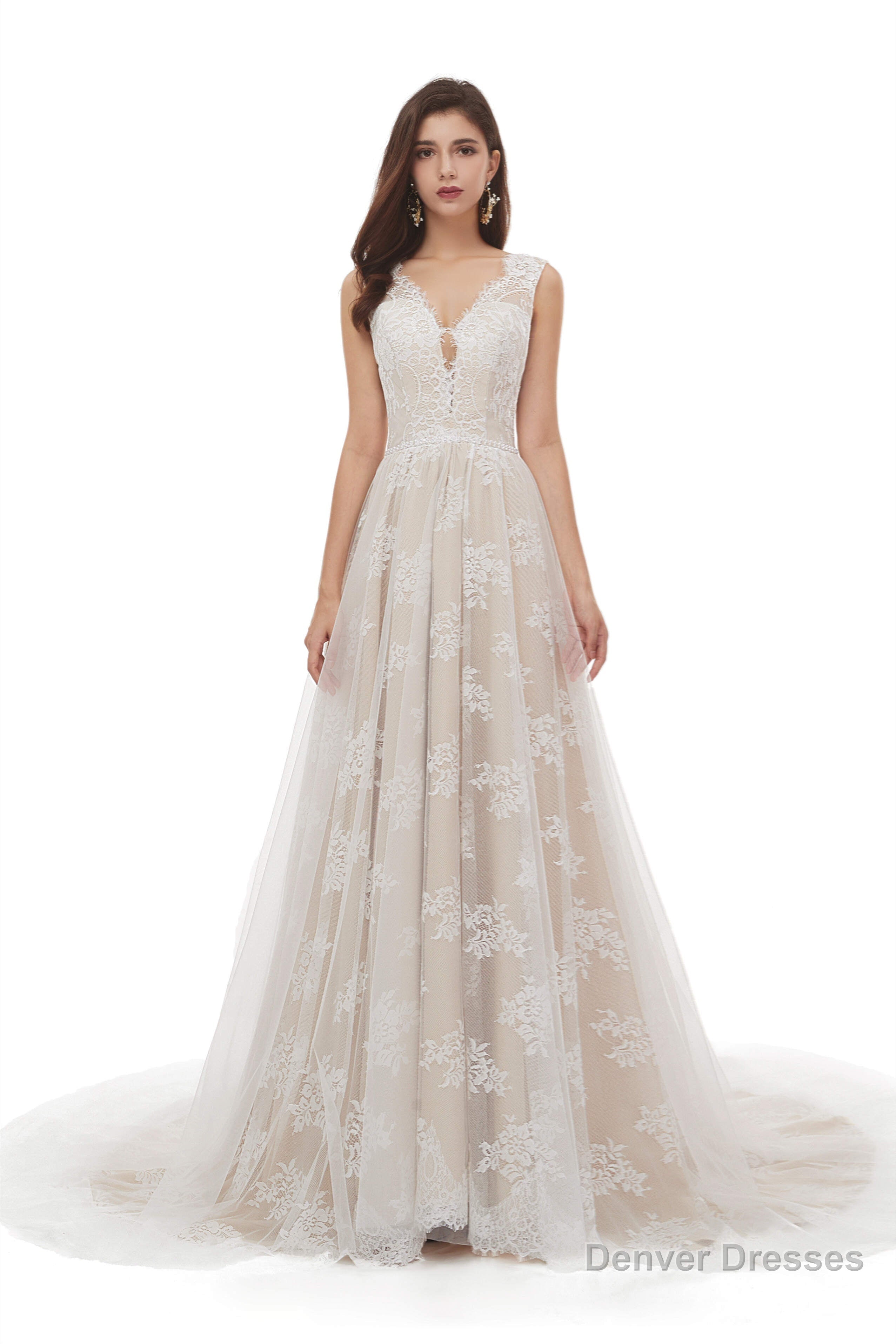 Champagne Tulle Lace Deep V-neck Backless Pearls Wedding Dresses Main image