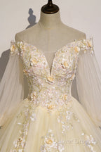Champagne Tulle Lace Floor Length Prom Dress, Off Shoulder Long Sleeve Evening Dress